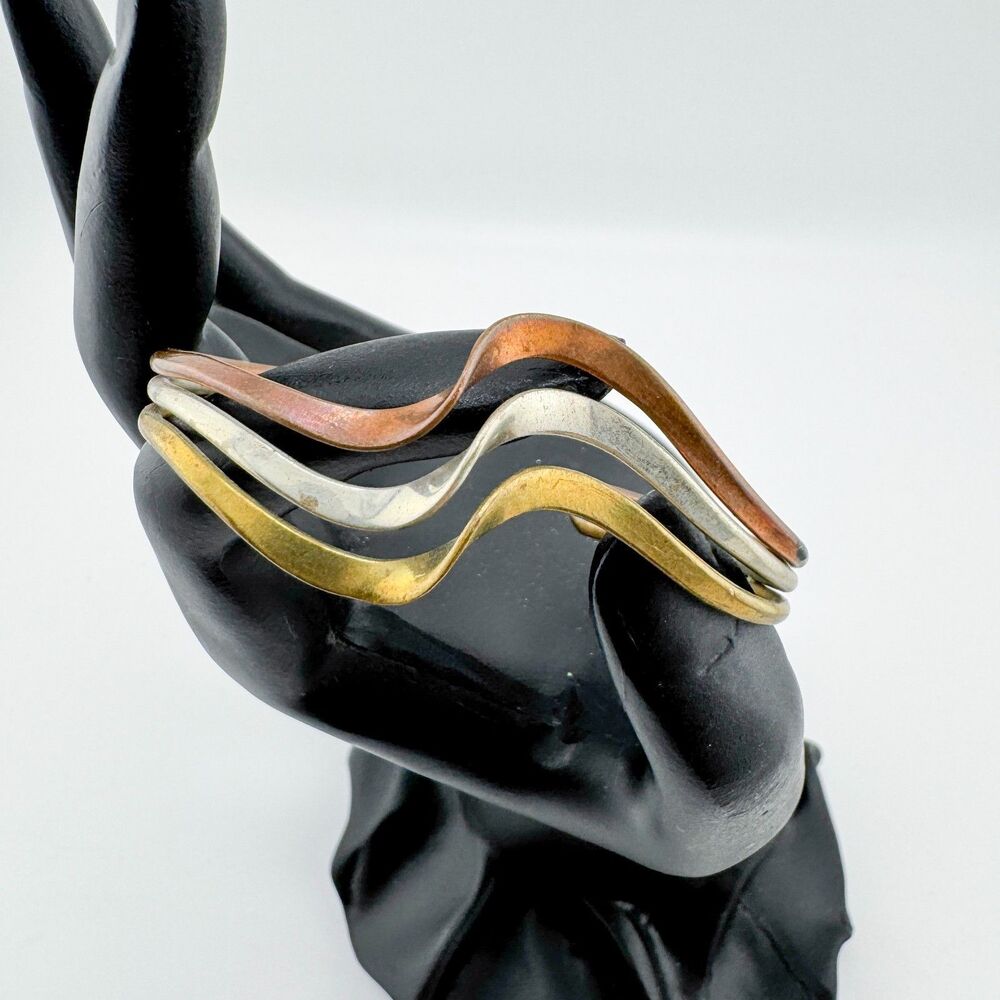 Vintage Tricolor Wave Cuff Bracelet Brass Copper Silver Tone Retro Modernist